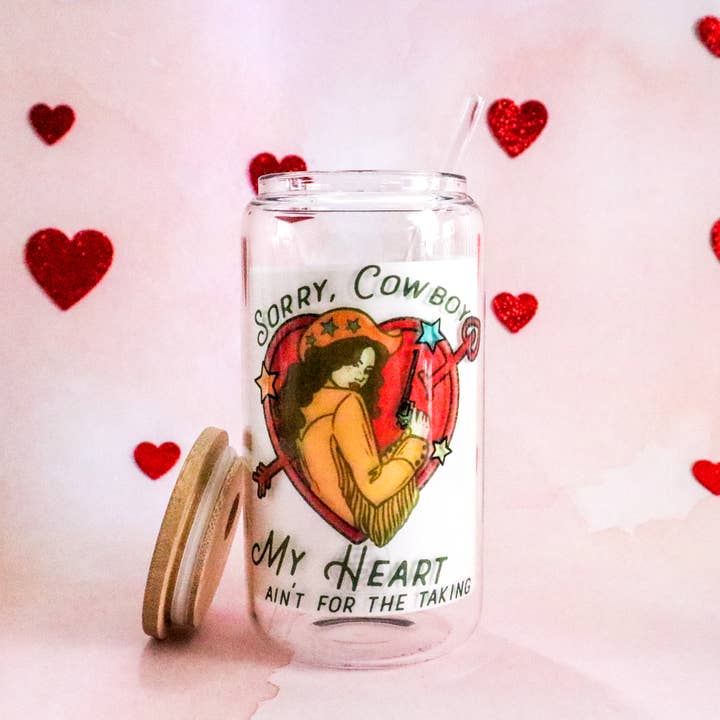 Western Valentine Glass Cup - Glass Can w/ Straw and Lid for wholesale by Luxxe Creations Collection
