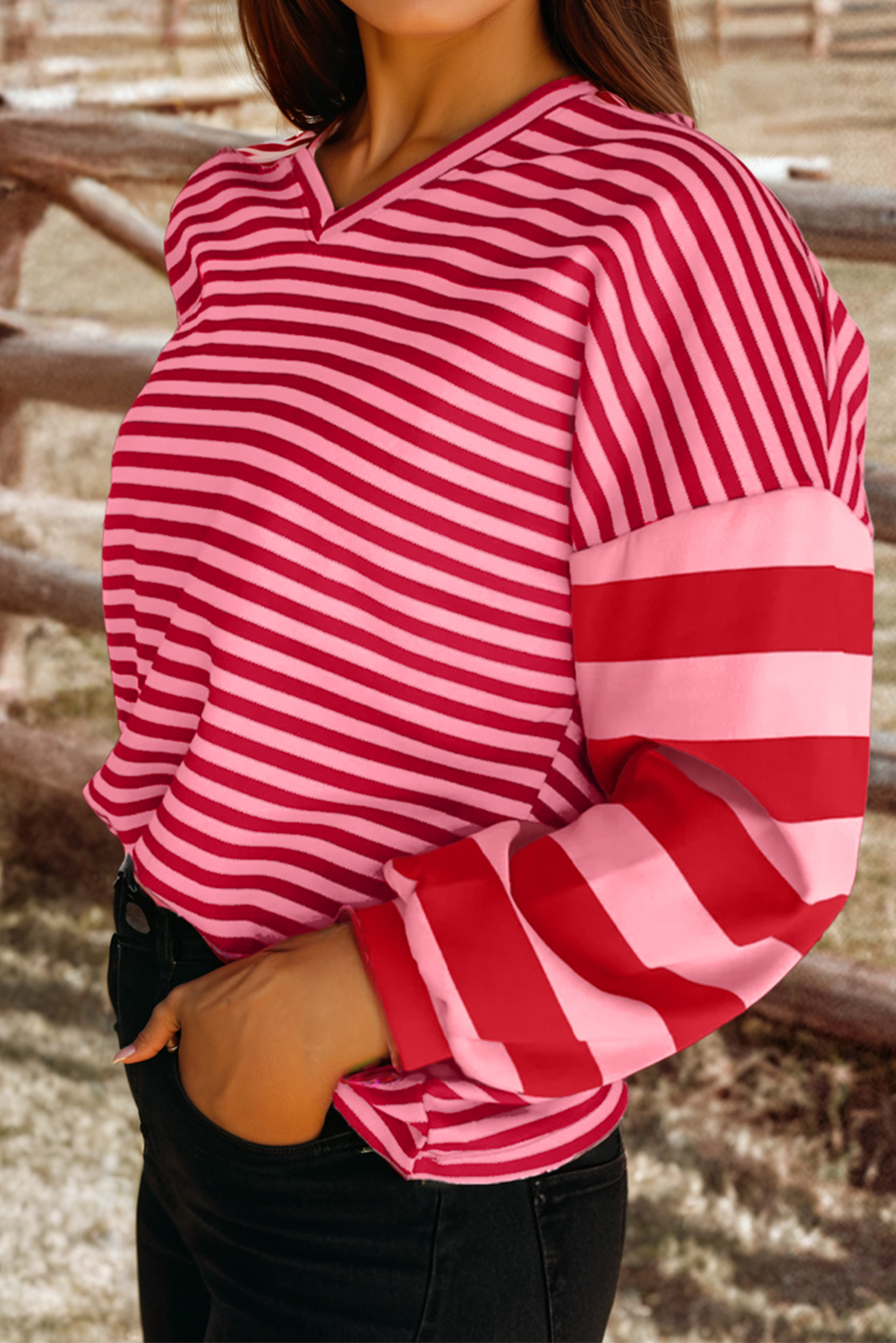 As shown Fashion-W Striped V Neck Drop Sleeve Top for wholesale on Faire1