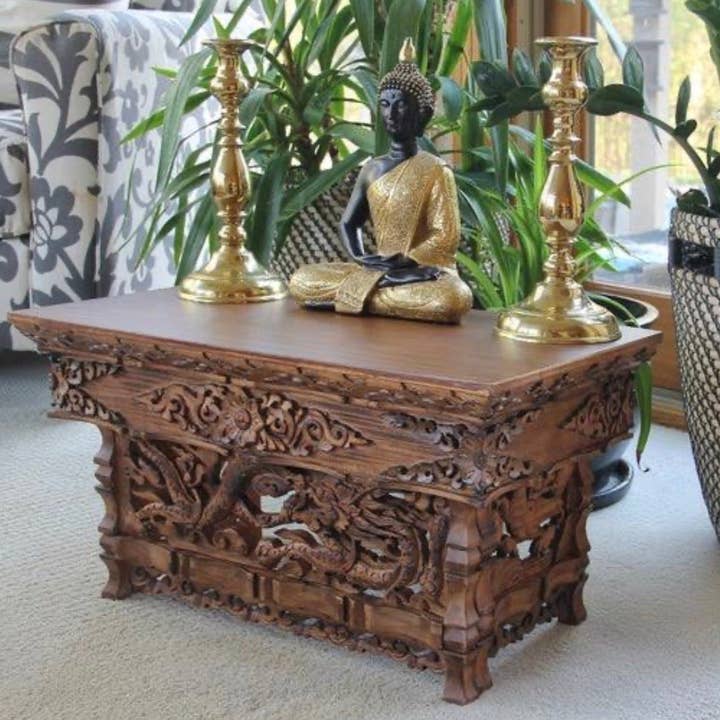 Lungta Imports - Wholesale Decorative Tabletop Object - Solid Wood Hand Carved Tibetan Buddhist Prayer Shrine Altar