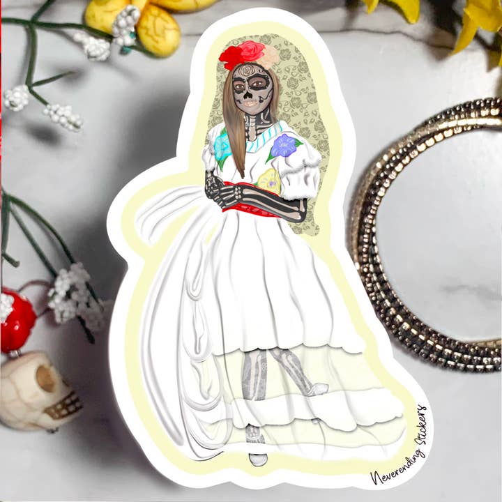 Uendelige klistermærker - Dia De Los Muertos - Ballet Folklorico Dancer - Vinyl klistermærke eller magnet - 3.75x2.45in for engroshandel hos Neverending Stickers