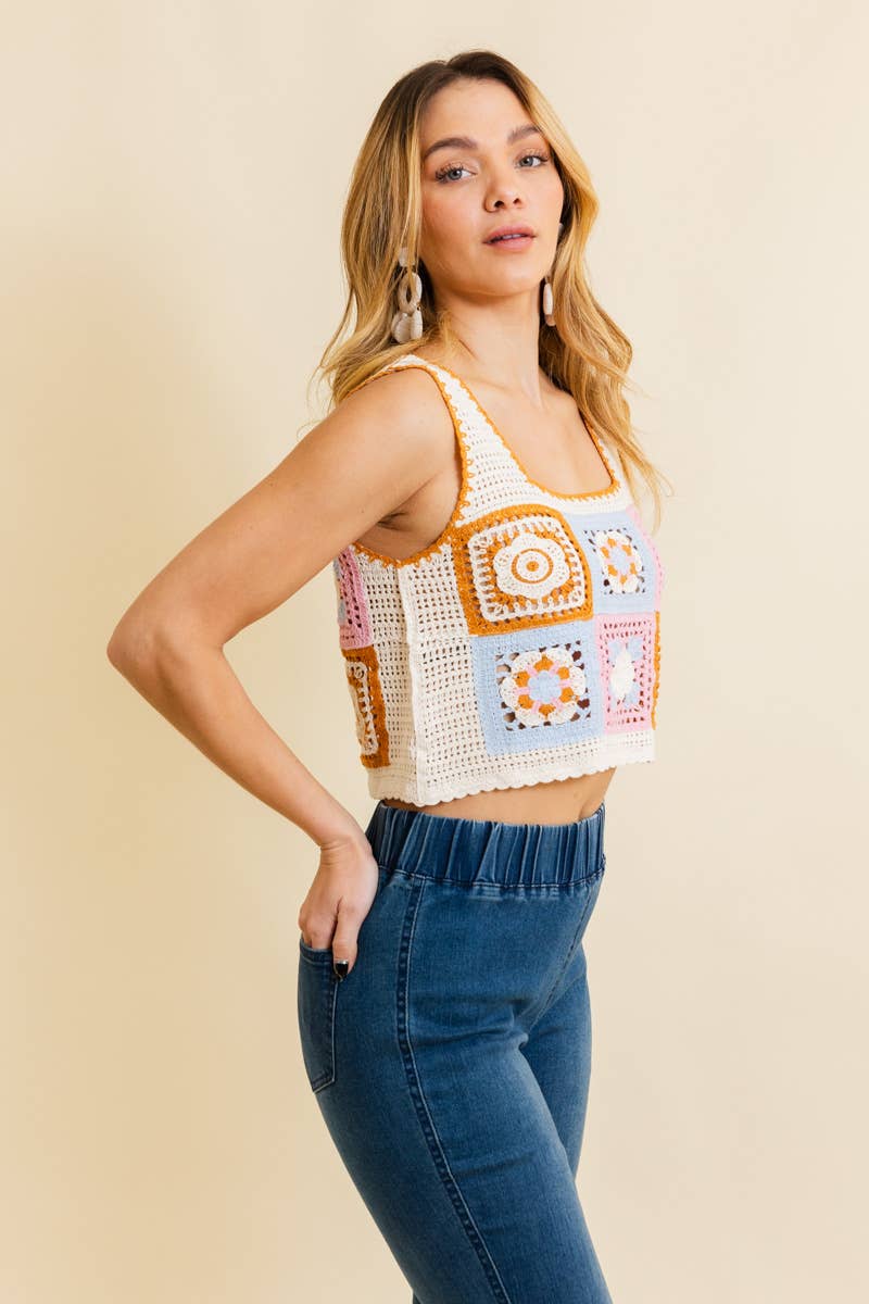 Leto Accessories - Wholesale Knit Top - Women's - Summer Floral Mosaic Embroidered Crochet Top3