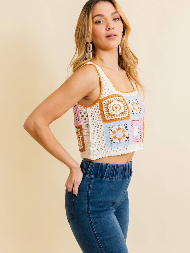 Leto Accessories - Wholesale Knit Top - Women's - Summer Floral Mosaic Embroidered Crochet Top3