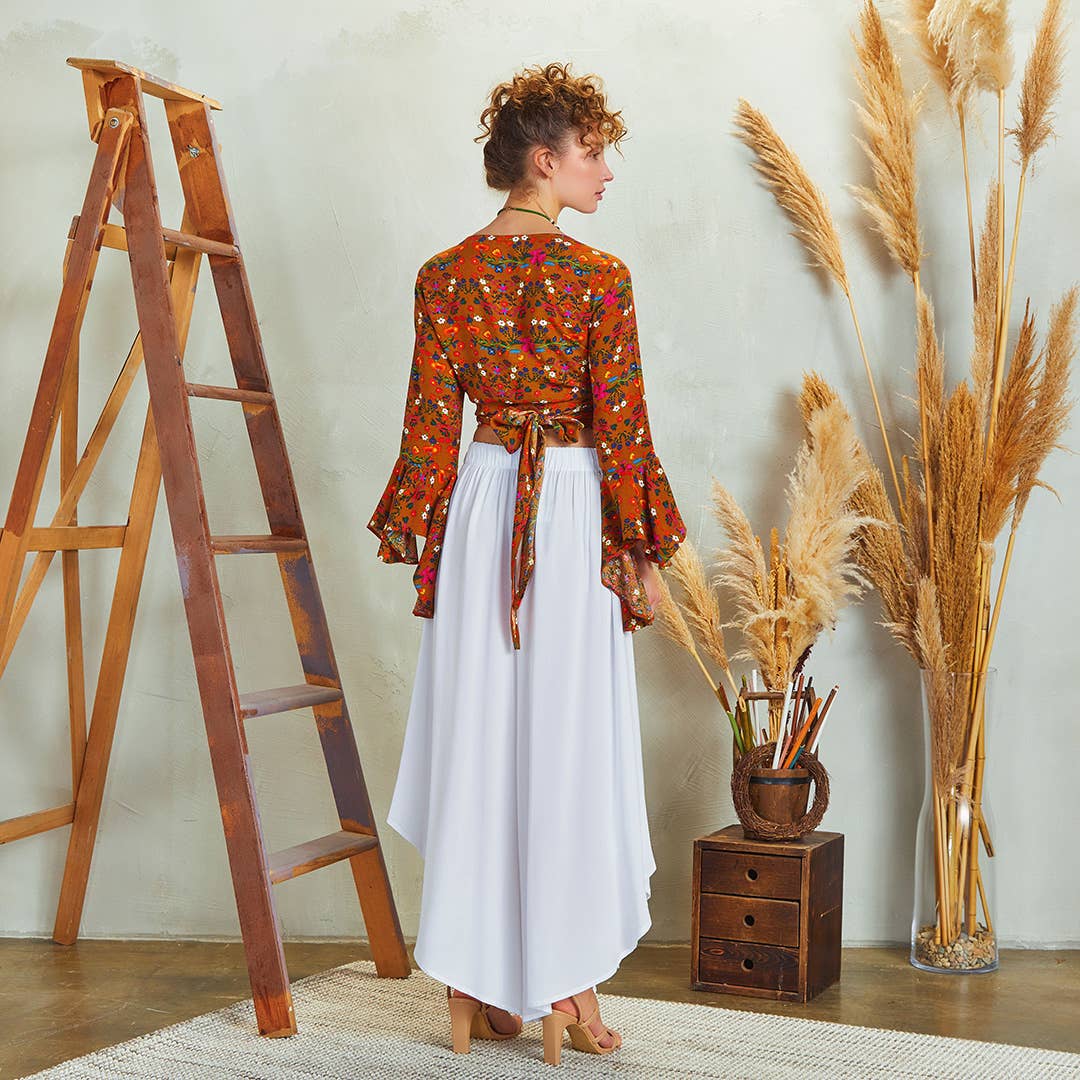 Los Banditos – Großhandel Bluse – Damen – Gelbes Crop-Top im Zigeunerstil mit Glockenärmeln und Blumen4