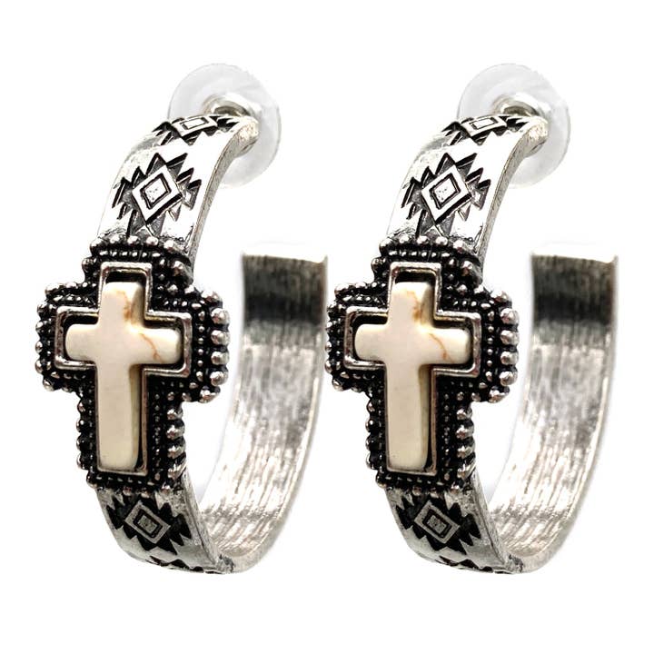 Howlite Cross Navajo Pattern C Hoop Earrings for wholesale by Lunar Deer
