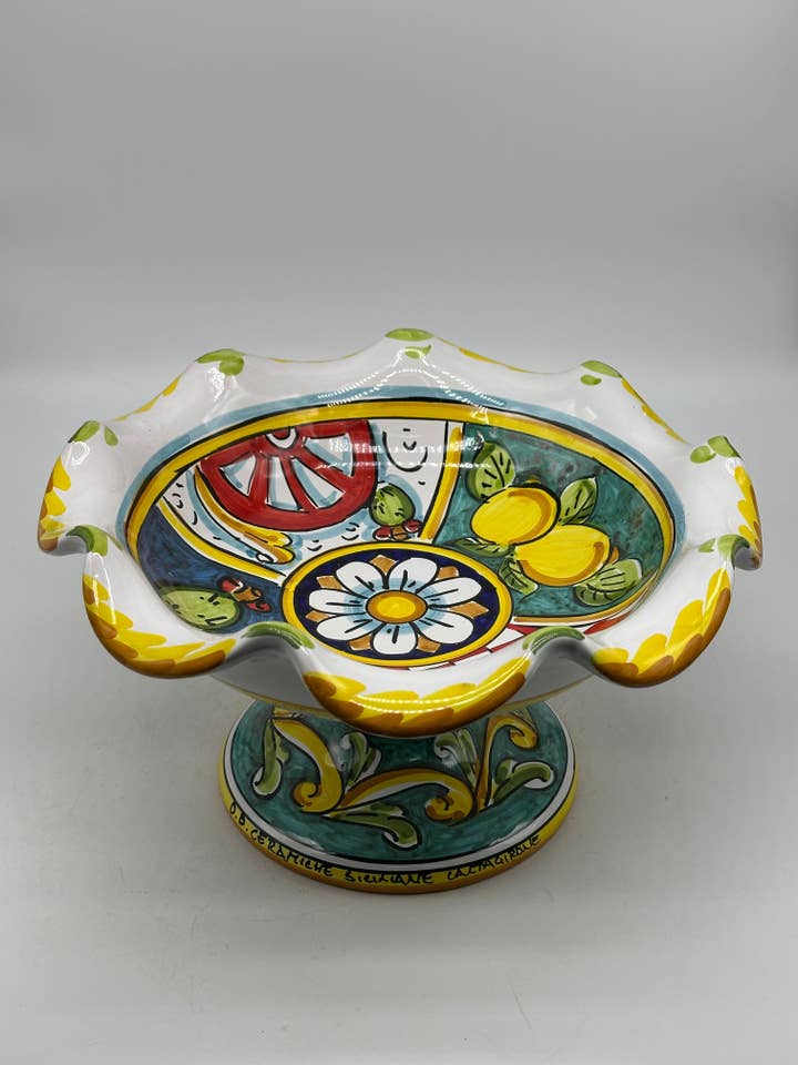 Fruitschaal met Standaard Middelpunt Tafel Keramiek Caltagirone Diameter 30cm Ambachtelijk Decor 2r voor wholesale door DD Ceramiche Siciliane