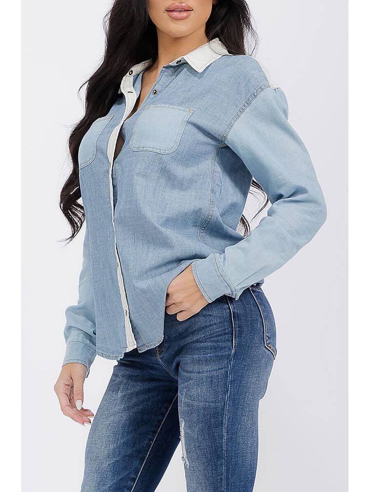 DENIM BLUE CHAMBRAY CONTRAST BUTTON DOWN SHIRT TOP for wholesale on Faire1