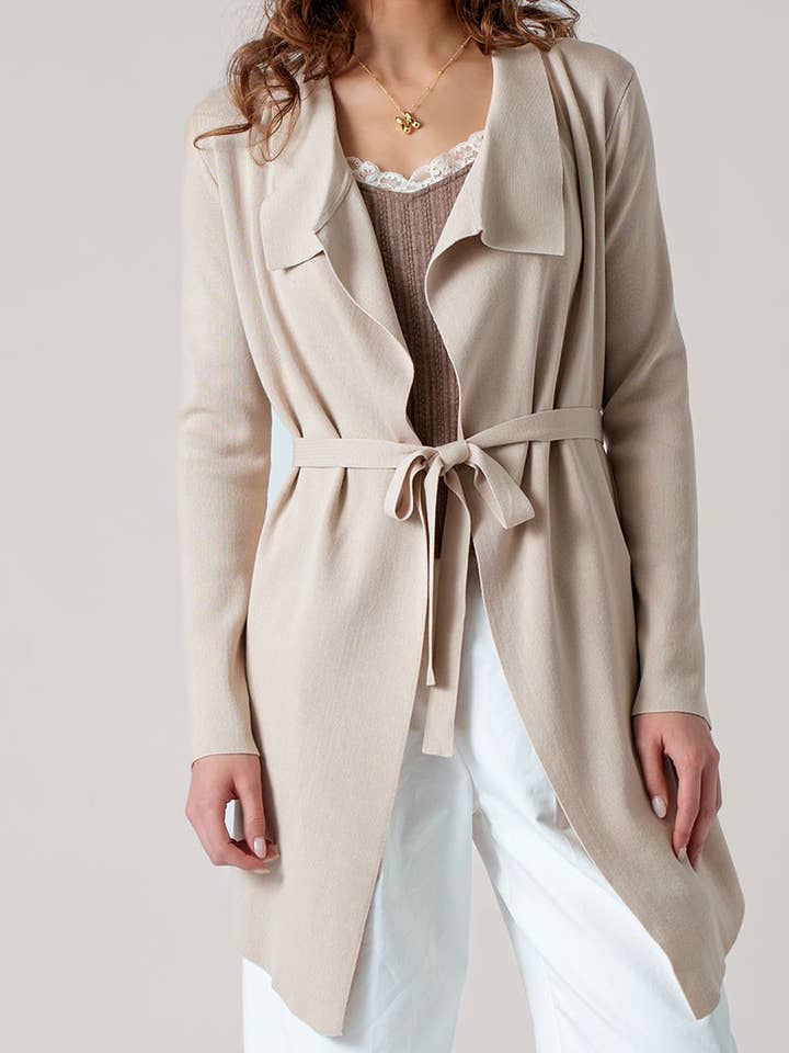 Cárdigan con lazo en la cintura y mangas largas con frente drapeado para venta al por mayor de Urban Daizy