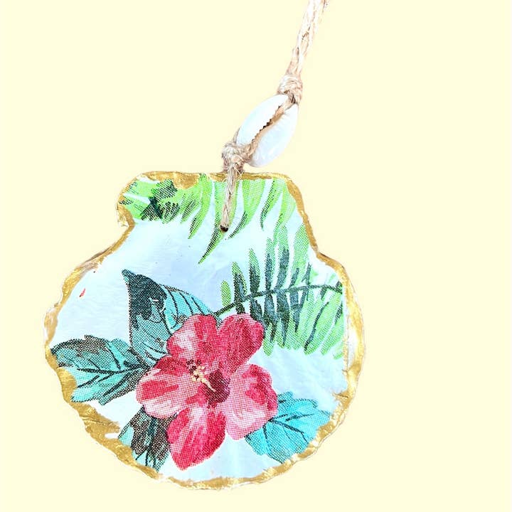 Seashell Hibiscus Boho Tropical Christmas Ornament Gift Tag for wholesale by Two Seas Arts LLC