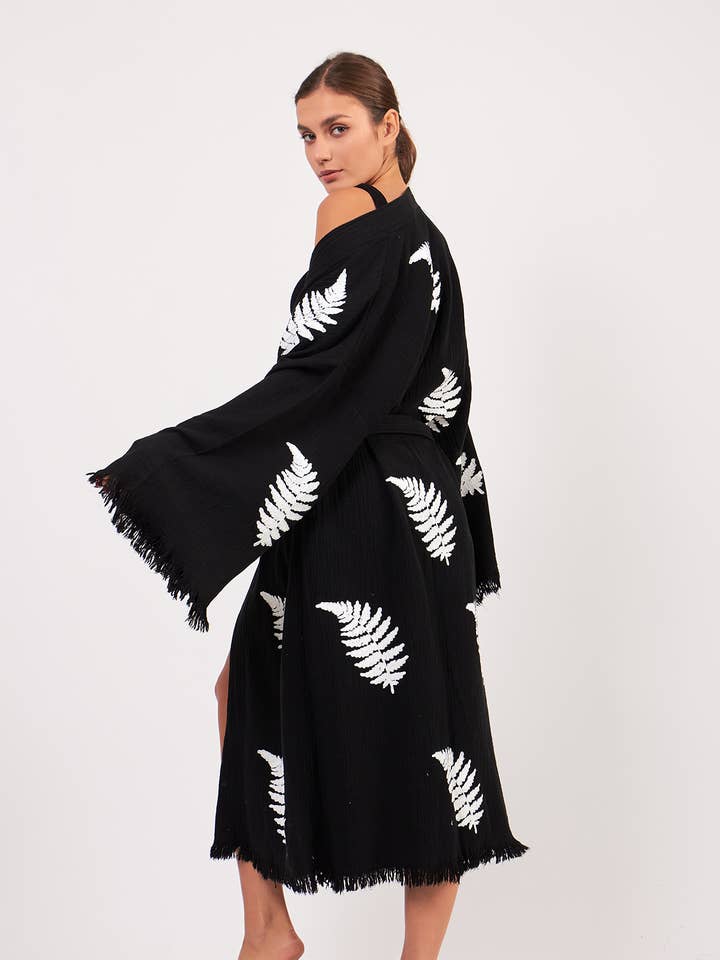 Turkish Organic Cotton Black White Leaf Pattern Kimono Robe for wholesale by Yaz Concepts