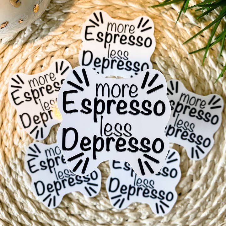 Más Espresso Less Depresso etiqueta para venta al por mayor de Krafted by Kin LLC