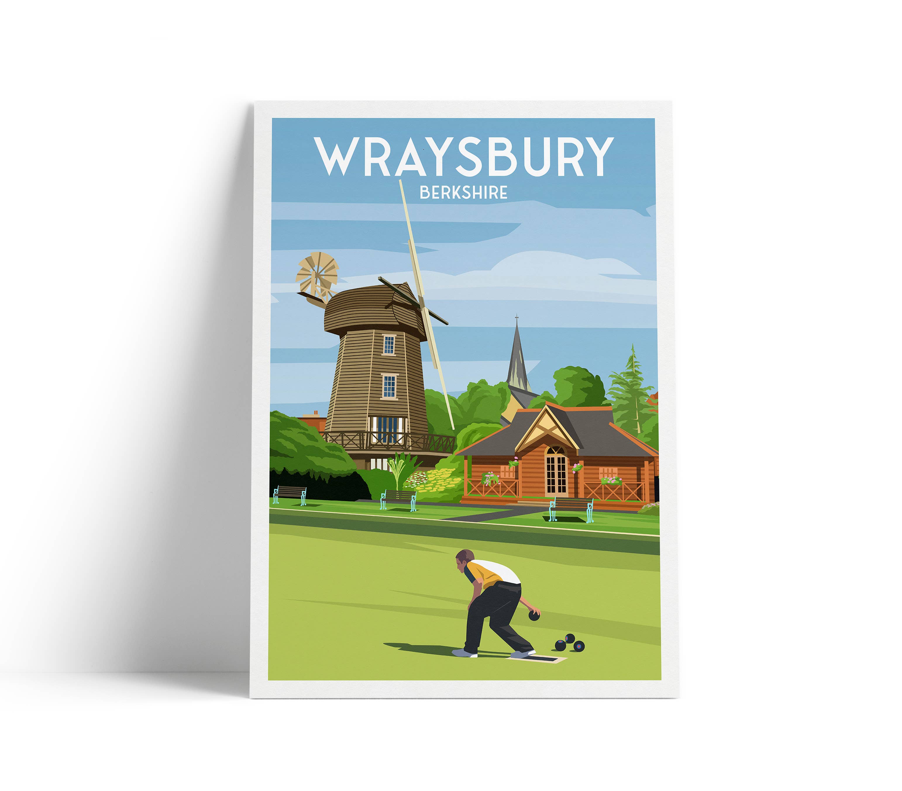 Printagonist – wholesale Art print – Wraysbury, Berkshire Travel Poster – Lawn Bowls & Windmill0
