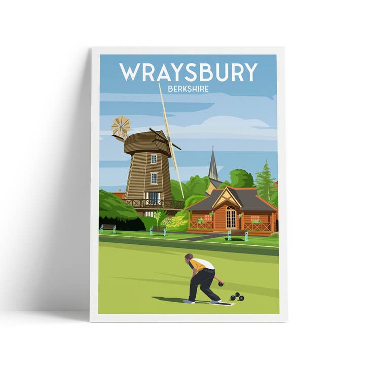 Printagonist – wholesale Art print – Wraysbury, Berkshire Travel Poster – Lawn Bowls & Windmill