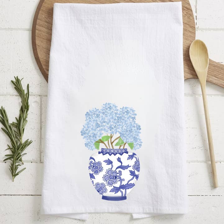 Hydrangea and Chinoiserie Vase Tea Towel for wholesale by The Luna T Company