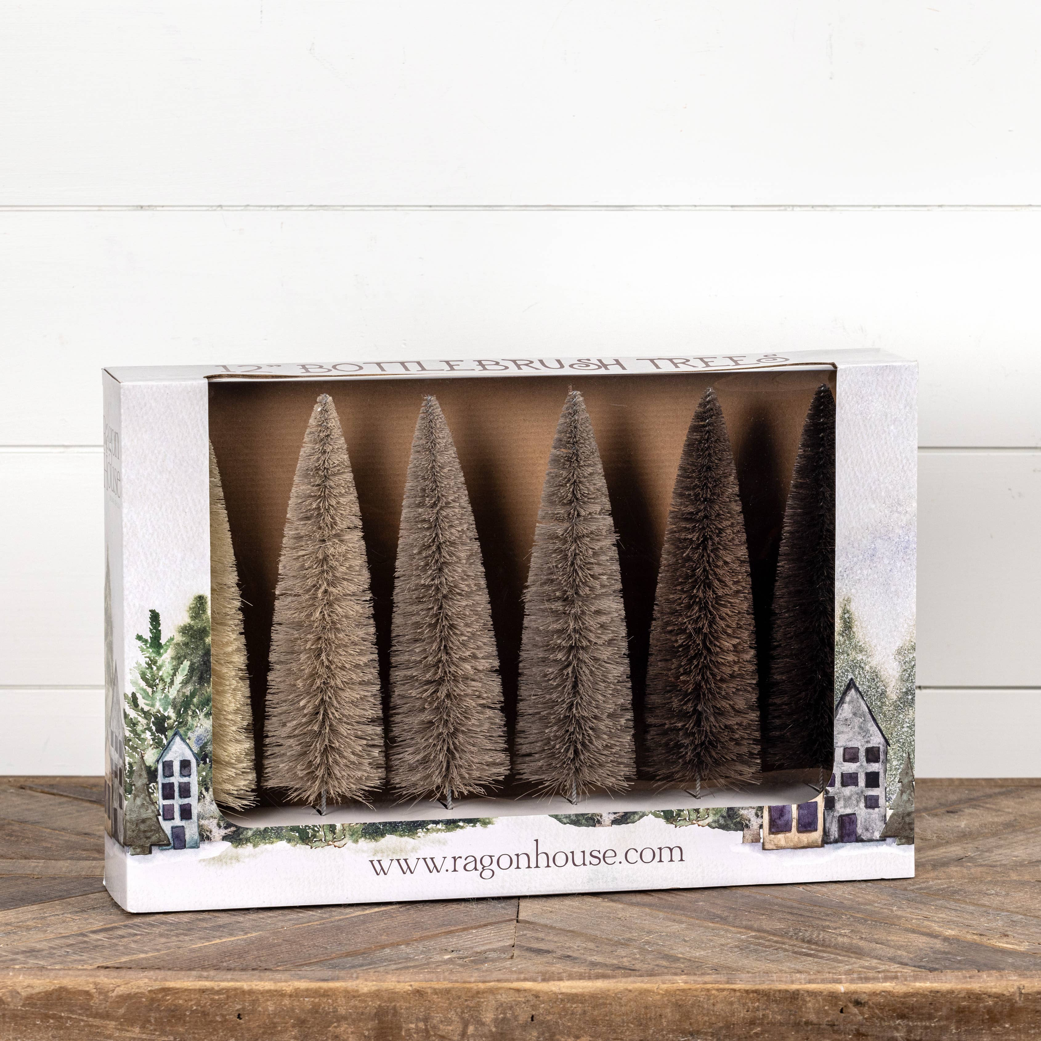 Ragon House - Wholesale Decorative Tabletop Object - SET/6 - 12" TAN HUES BOTTLE BRUSH TREES1