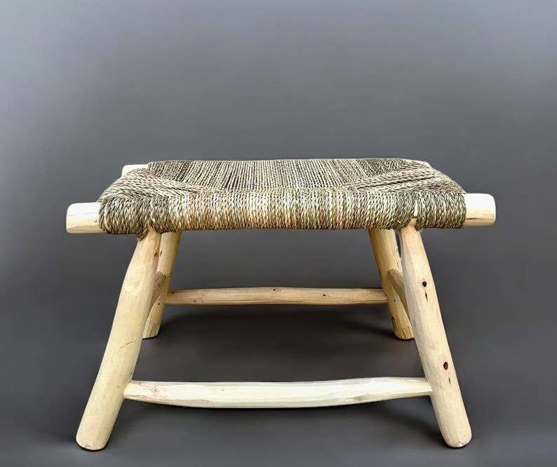HandmadeBestSeller – wholesale Stool – Handmade Wooden Bench with Palm Leaf Cord Seat0