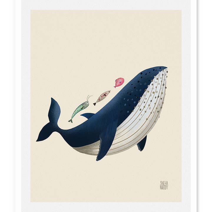 Stampa artistica con balene e pesci per la vendita all'ingrosso da parte di Wild Croft Studio