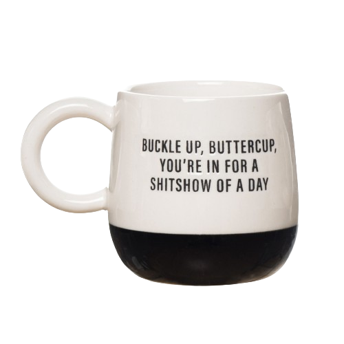 Black White Buckle Up Buttercup Ceramic Coffee Mug 13 oz for wholesale on Faire0