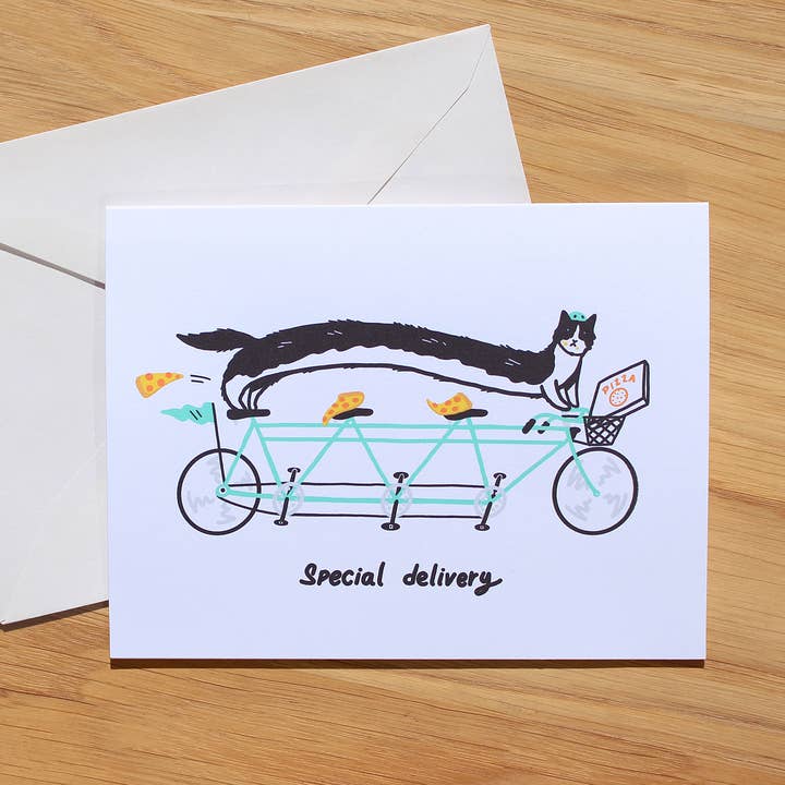 Pizza Cat on Tandem Bike | Special Delivery | A2 Card for wholesale by I NEVER DRAW