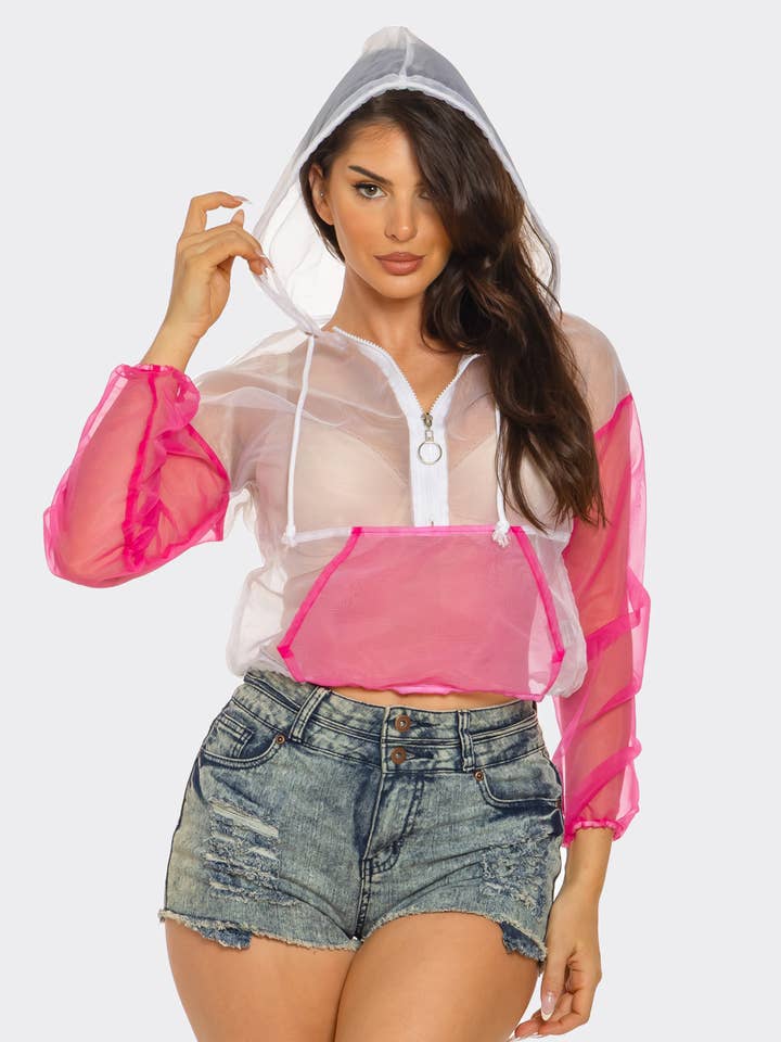 Organza-Kapuzenjacke mit Reißverschluss und Kängurutasche für den Großhandel von Julia by LoveJ