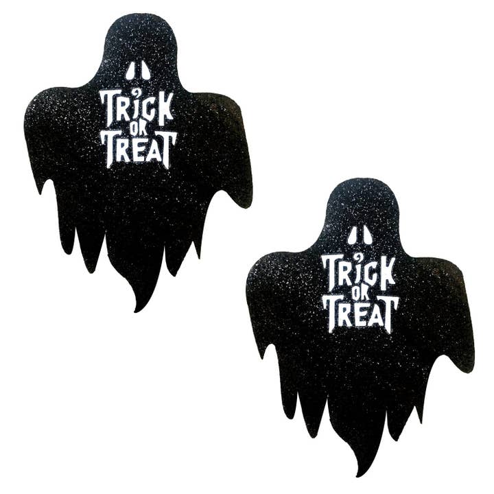 Freaking Awesome Glitter Blacklight Trick Or Treat Ghost Nipple Cover Pasties for wholesale by Neva Nude