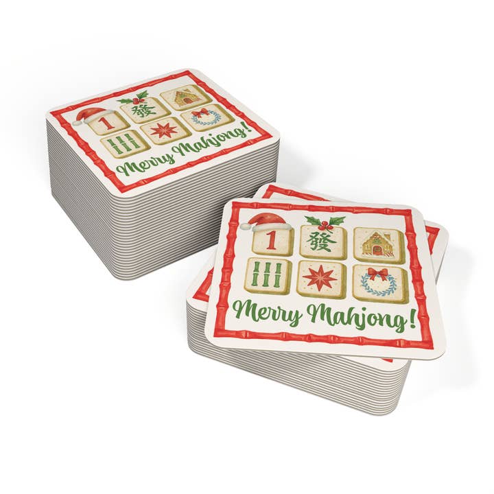 Design Carolinas - Wholesale Disposable Coasters - Merry Mahjong Red & Green Christmas Paper Coaster Set2