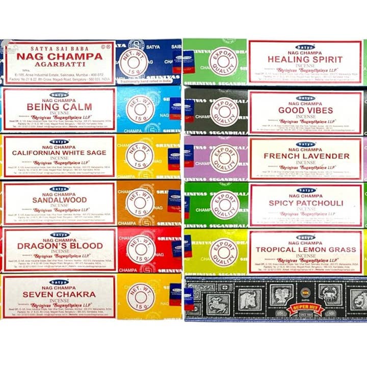 Moon River Designs – Engroshandel Røgelse – Satya Nag Champa Mix Røgelse over 12 dufte Bulksæt