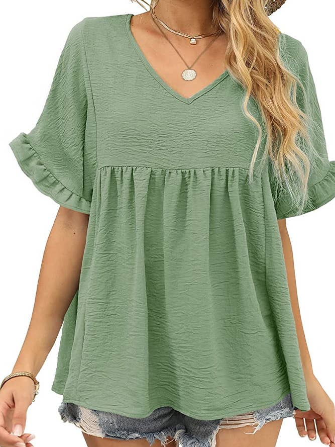 V Neck Ruffle Sleeves Splicing Smocked Blouse ZZKF807 for wholesale by UNISHE