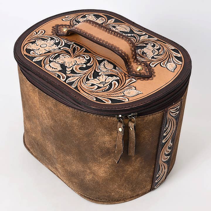 LS Western - Wholesale Jewellery box/organiser - ADBGA411 Distressed Leather Jewelry Case with Hand-Tooled Floral Lid Western Vanity Organizer1