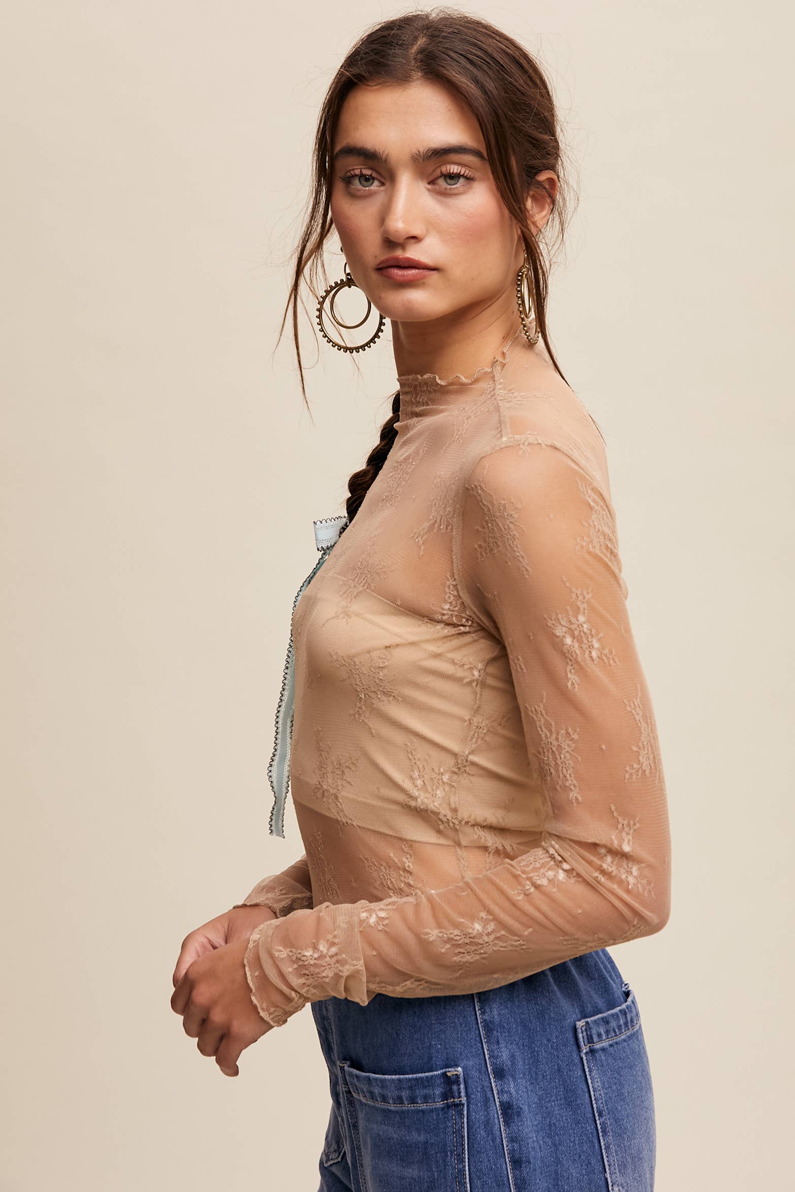 Listicle - Wholesale Blouse - Women's - Sheer Lace Long-Sleeve Top98