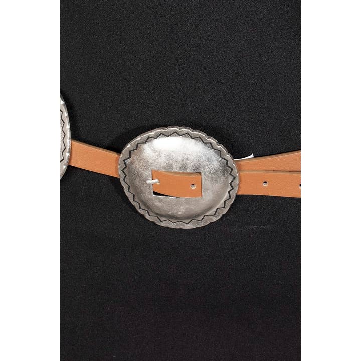 Collections by Fame Accessories - Vente Ceinture – femme - Ceinture en cuir végétalien avec grands disques concho occidentaux1