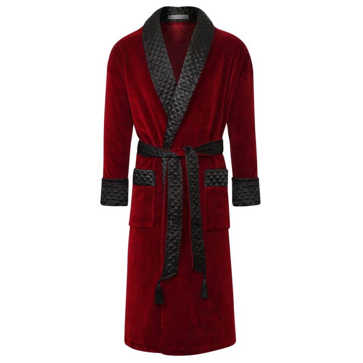 Astor Luxury Cotton Long Velvet Smoking Jacket in Burgundy for wholesale by Bown Of London