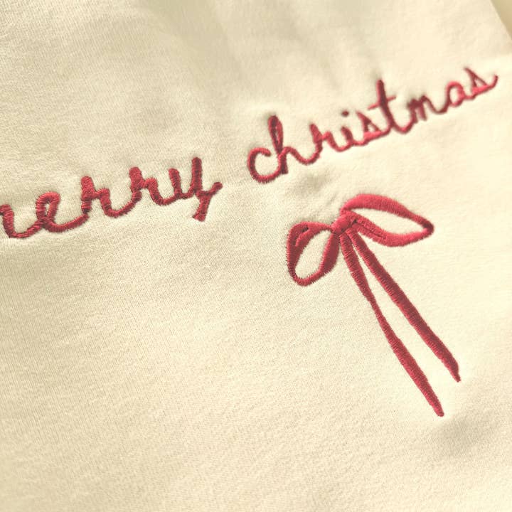Up2ournecksinfabric - Wholesale Sweatshirt - Women's - Embroidered Christmas Sweatshirt: Merry Christmas Bow Design2