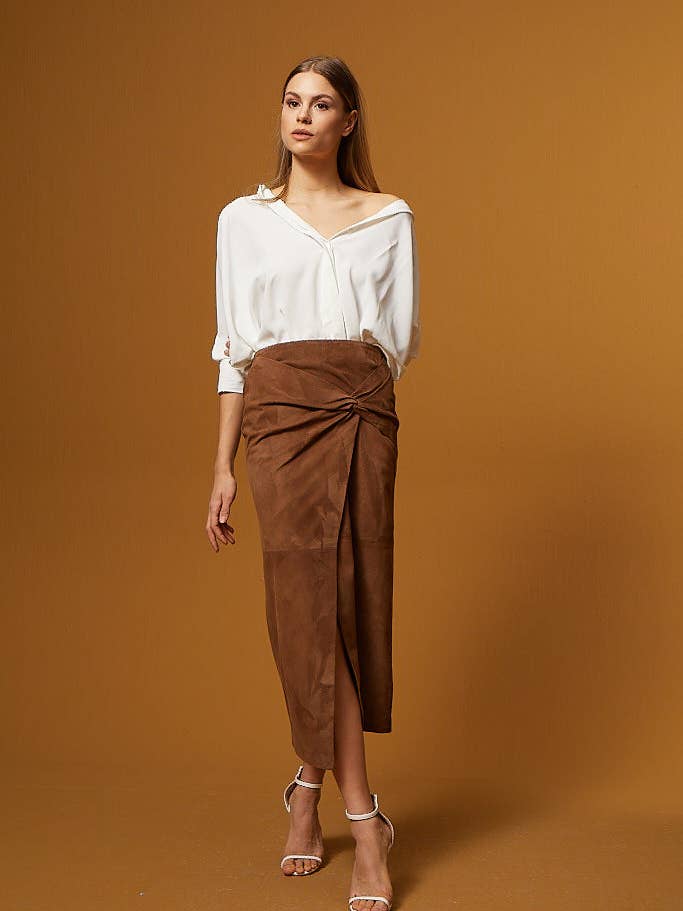 Knyttet Slids Ruskind Nederdel – Brun for engroshandel hos DUE2store