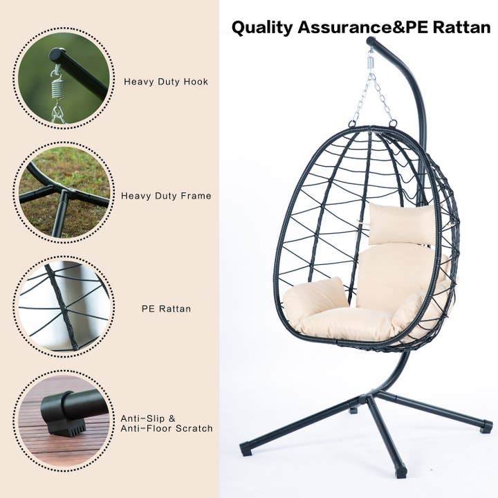 39F Inc. - Wholesale Egg Chair - Beige Wicker Hanging Egg Chair with Stand for Indoor Outdoor10