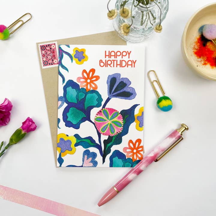 Carte d'anniversaire florale rétro pour la vente par Aaryn West