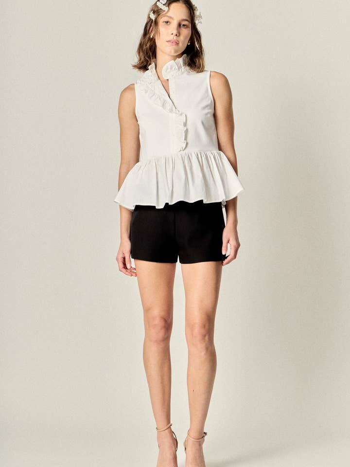Sleeveless Ruffle Peplum Mixed Media Top for wholesale by English Factory
