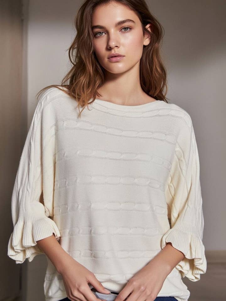 Cozy Fit Frill Sleeve Batwing Cable Knit for wholesale by Obsession