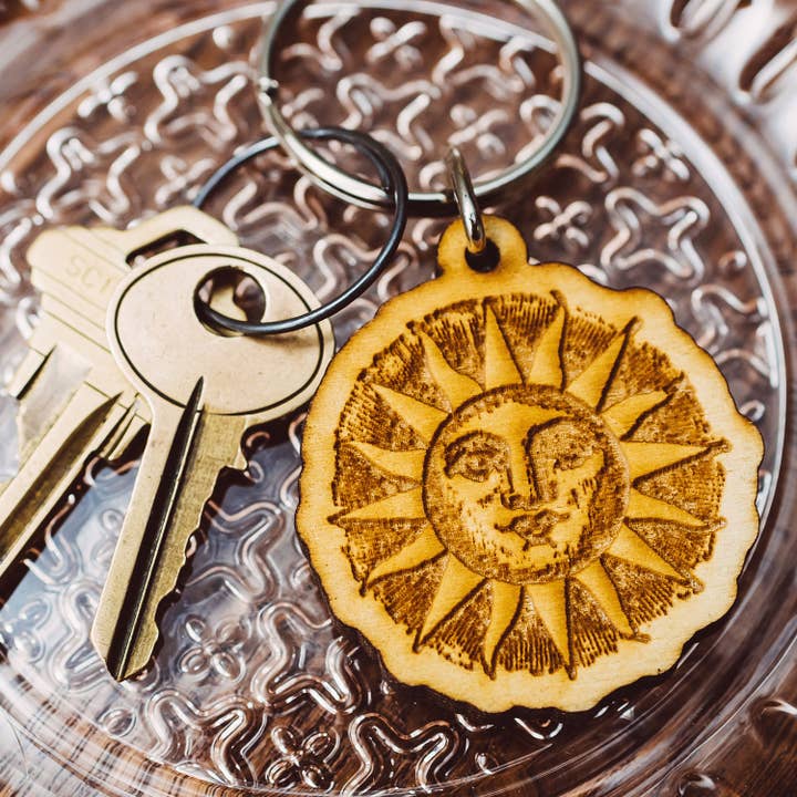 Woodcut Sun Wooden Keychain - ZIPPER PULL for wholesale by Most Amazing