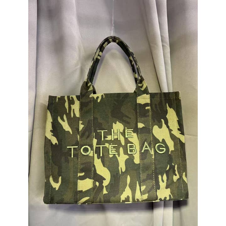 Green CAMOUFLAGE PRINT DENIM THE TOTE BAG EMBROIDERY BAG for wholesale on Faire