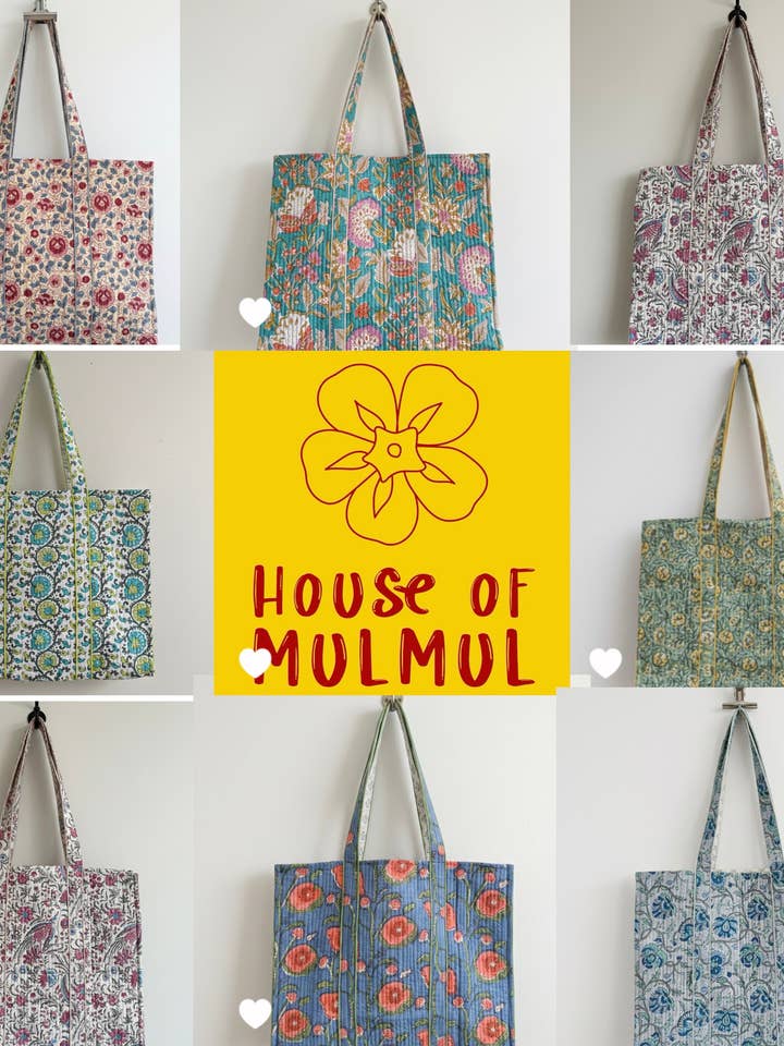 Assorted Blockprint Cotton Quilted Tote Bag (MEDIUM) - Set of 5 for wholesale by House of Mulmul LLC