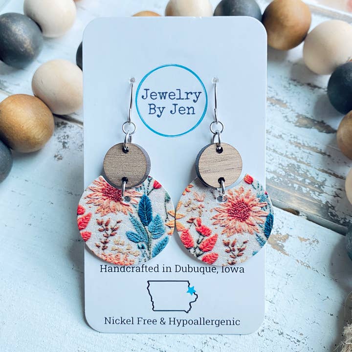 Jewelry By Jen - Wholesale Dangle Earrings - Luna Earrings (Medium Size): Embroidered Floral Mix