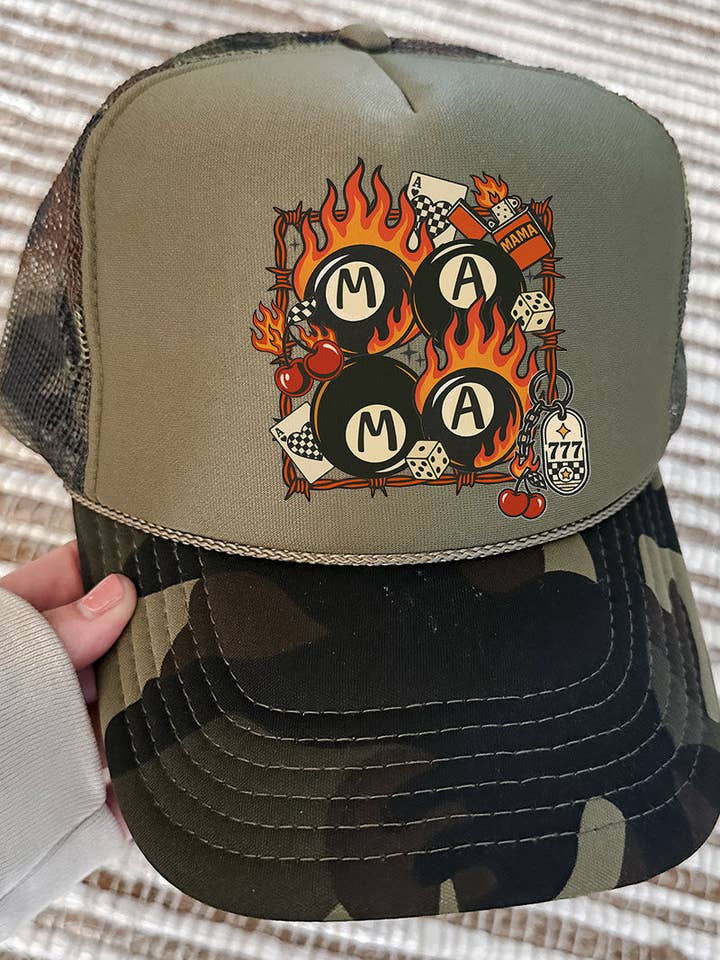 Eight Ball Mama Otto Camo with Moss Green Foam Front Trucker Hat for wholesale by Wholesale Accessory Market