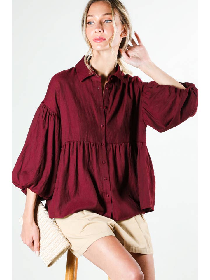 Vine & Love - Wholesale Blouse - Women's - Collared Balloon Sleeve Button-Up Blouse Shirt VT31805