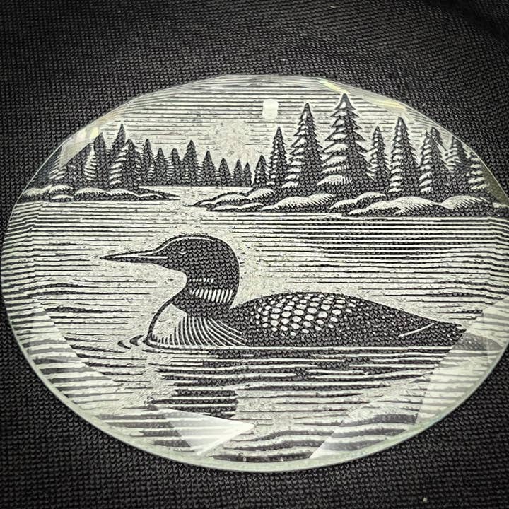 Adirondack Etching LLC - Wholesale Ornament - Loon Scene 3 1/4" Round Clear Glass Ornament3