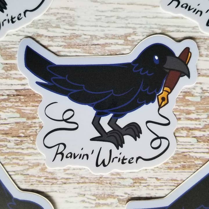 Ravin' Writer Raven Vinyl Sticker for wholesale by Jade Raven Arts
