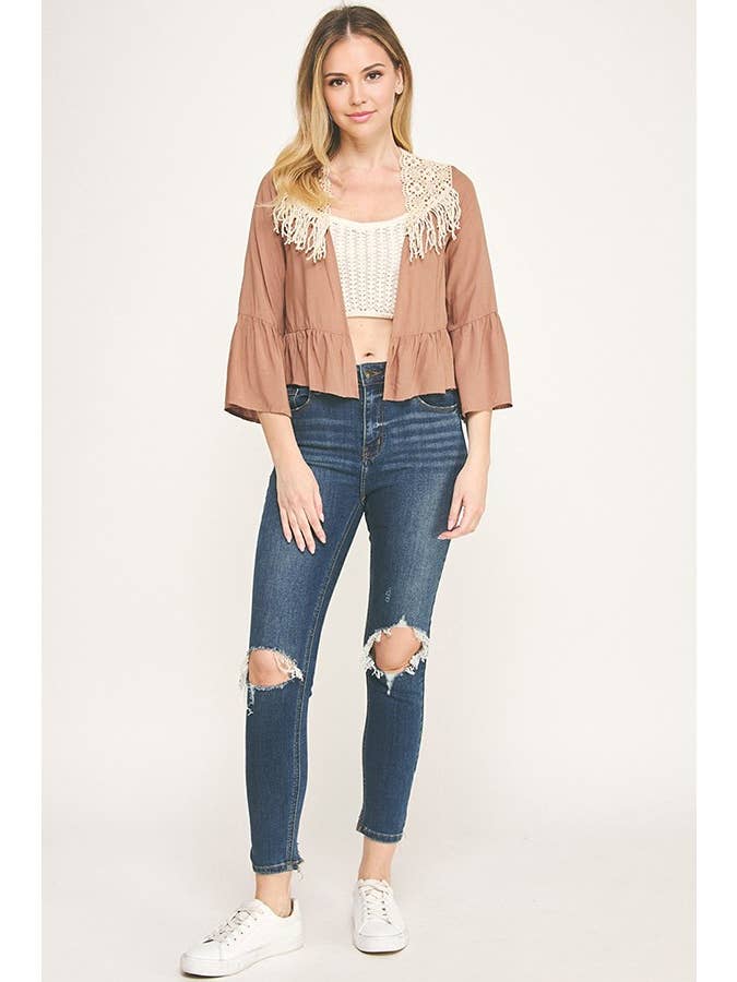Sunday Morning - Wholesale Cardigan - Women's - J5036L16/CROCHET FRINGE THREE QUARTER SLEEVECARDIGAN5