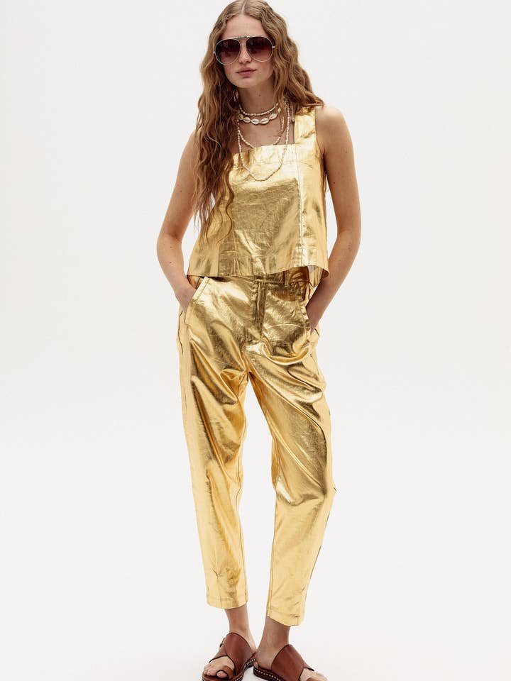 Pantalon en lin métallisé Anya - Or pour la vente par Lanhtropy