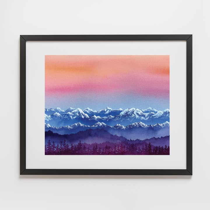 Schneebedeckter Bergsonnenuntergang - 8x10in Giclée-Kunstdruck für den Großhandel von Shelby Thayne Art