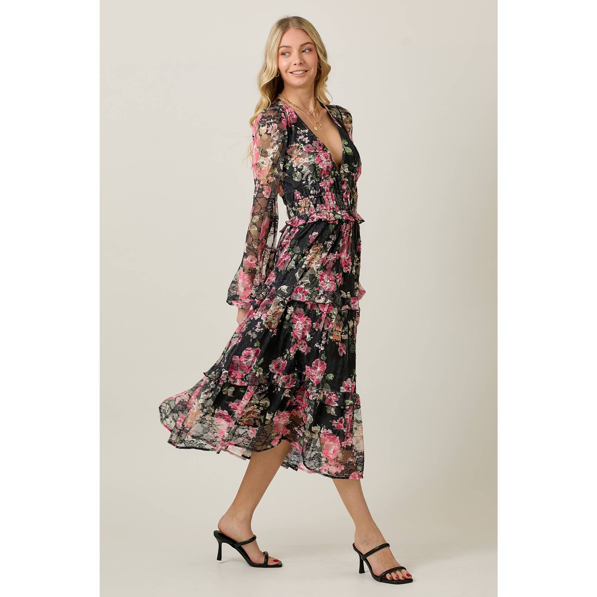 SKYLAR ROSE – wholesale Dress – Women's – FLORAL LACE LONG SLEEVE TIERED MIDI DRESS8