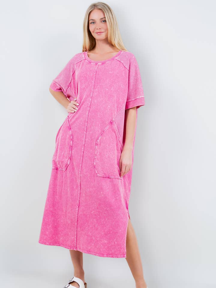 Hot Pink Mineral Wash Thermal Waffle Big Front Pocket Dress HD5709 for wholesale on Faire